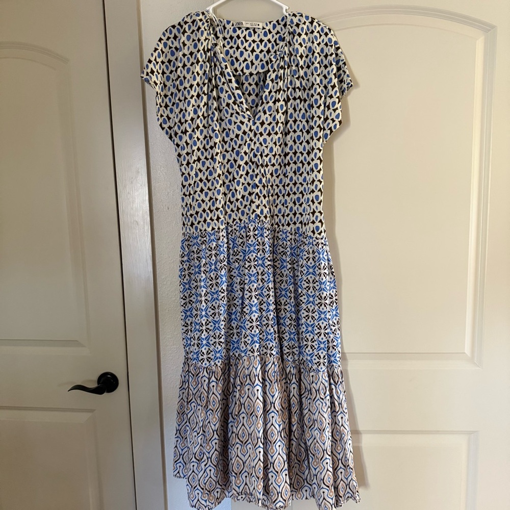ZARA Blue and White Patterned Dress